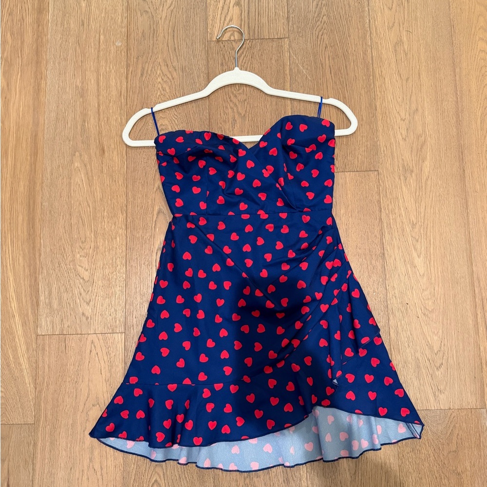 Heart Print Navy Blue Dress with Red Hearts